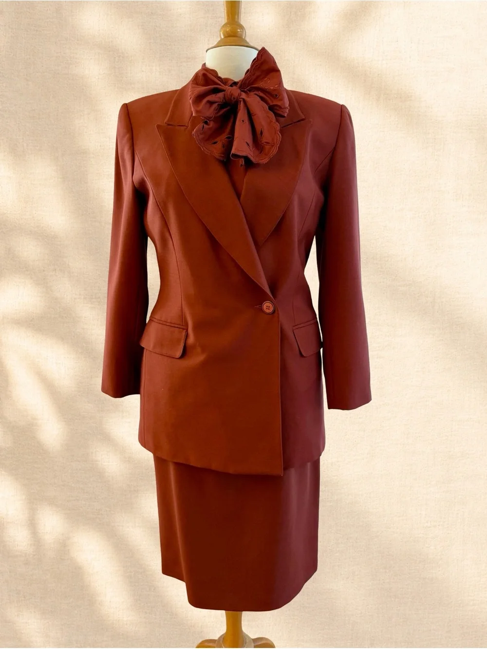 Vintage 90s Bill Blass 4 Piece Wool Suit Blazer Skirt Blouse Scarf
